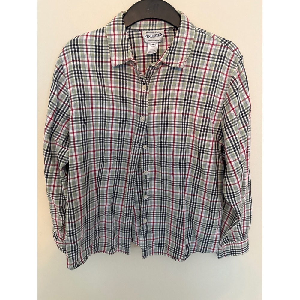 Pendleton Womens XL Plaid Button‎ Down Shirt Green Red White 100% Cotton L/S